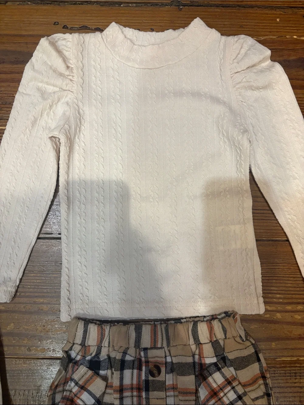 Girls Cream Cable Knit Top with Plaid Button Skirt